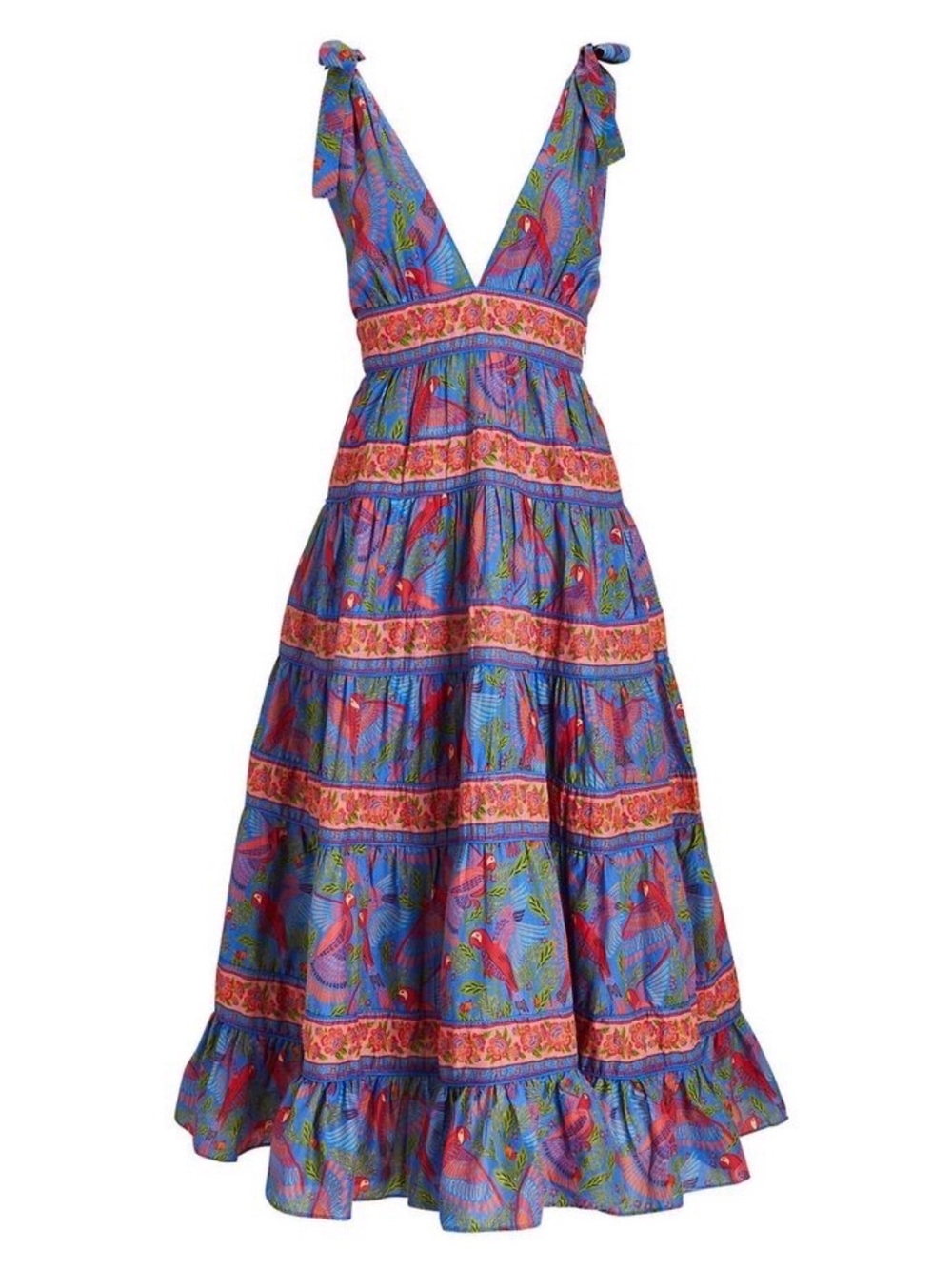 FARM Rio Blue Floral & Parrot Tiered Maxi Dress with Tie Straps